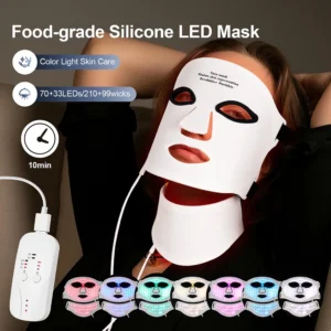 قناع الوجه LED من السيليكون مع الرقبة 7 ألوان LED الفوتون الضوء الأحمر العلاج بالأشعة تحت الحمراء قناع الوجه المرن إصلاح الجلد الاستخدام اللاسلكي